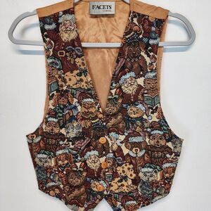 Vintage Facets by Mirrors Tapestry Vest Size S Cats Dogs Santa Christmas Retro